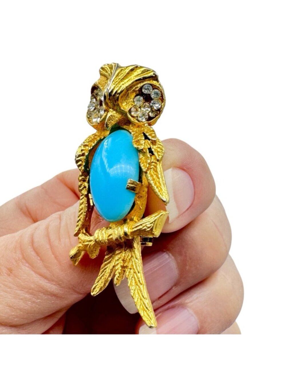 Vintage Bijoux Cascio Owl Brooch Gold-Tone Figural Blue Art Glass Belly Italy - Picture 9 of 9